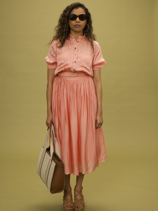Satin Organza Skirt by VALAJI MILANO, shown as a full outfit.