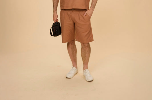 Smart Summer Set Shorts in hemp-cotton, dusty rose and copper, by VALAJI MILANO.
