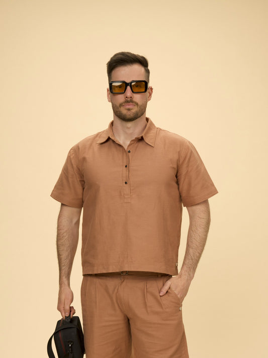 Smart Summer Set Top, a cropped box-fit shirt in hemp-cotton, dusty rose through copper, by VALAJI MILANO.