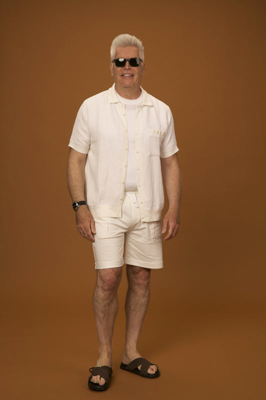 Everyday Lounge Polo in hemp-cotton waffle, cream white, by VALAJI MILANO.