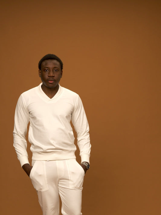 Lounge Set Top in organic cotton french terry, white, by VALAJI MILANO.