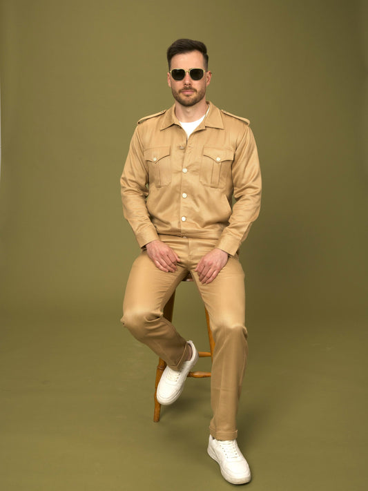 Safari Set Jacket in bamboo, clay shading to gold earth, by VALAJI MILANO, shown full length.