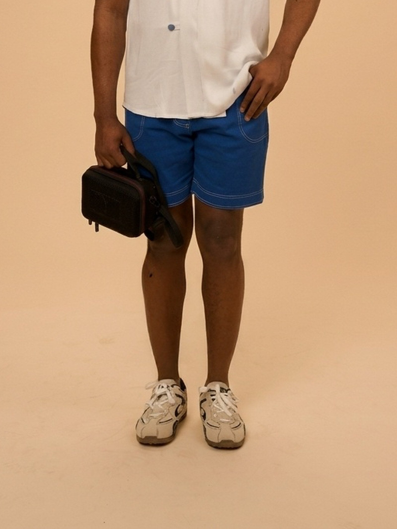Kimono Set Shorts in cotton-bamboo-hemp twill, sky blue, by VALAJI MILANO.