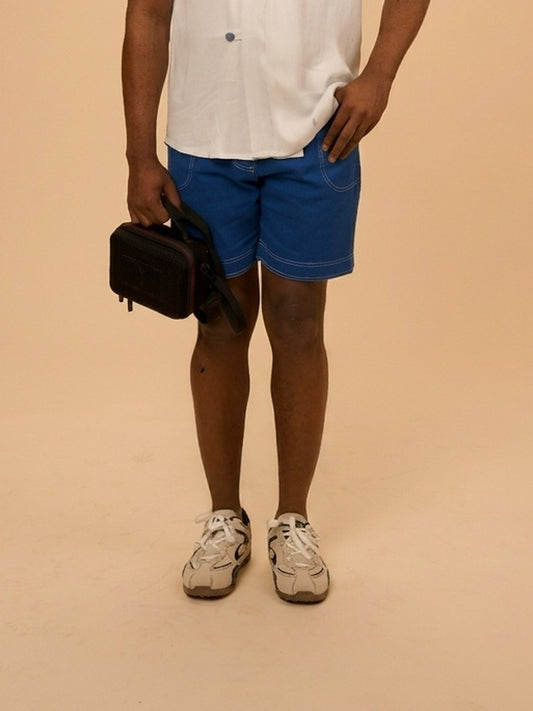 Kimono Set Shorts in cotton-bamboo-hemp twill, sky blue, by VALAJI MILANO.