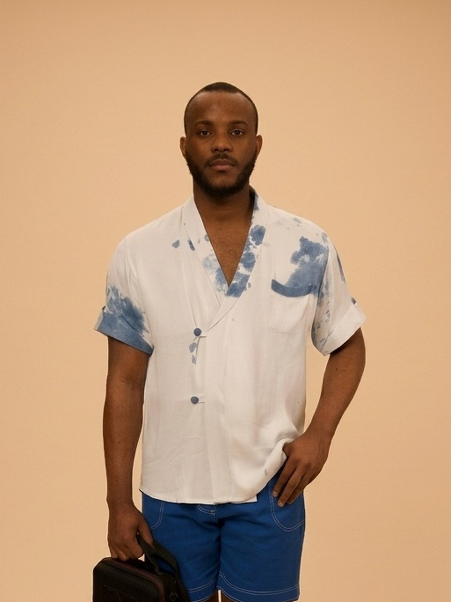 Kimono Set Shirt in orange viscose, white with an indigo tie-dye, by VALAJI MILANO.