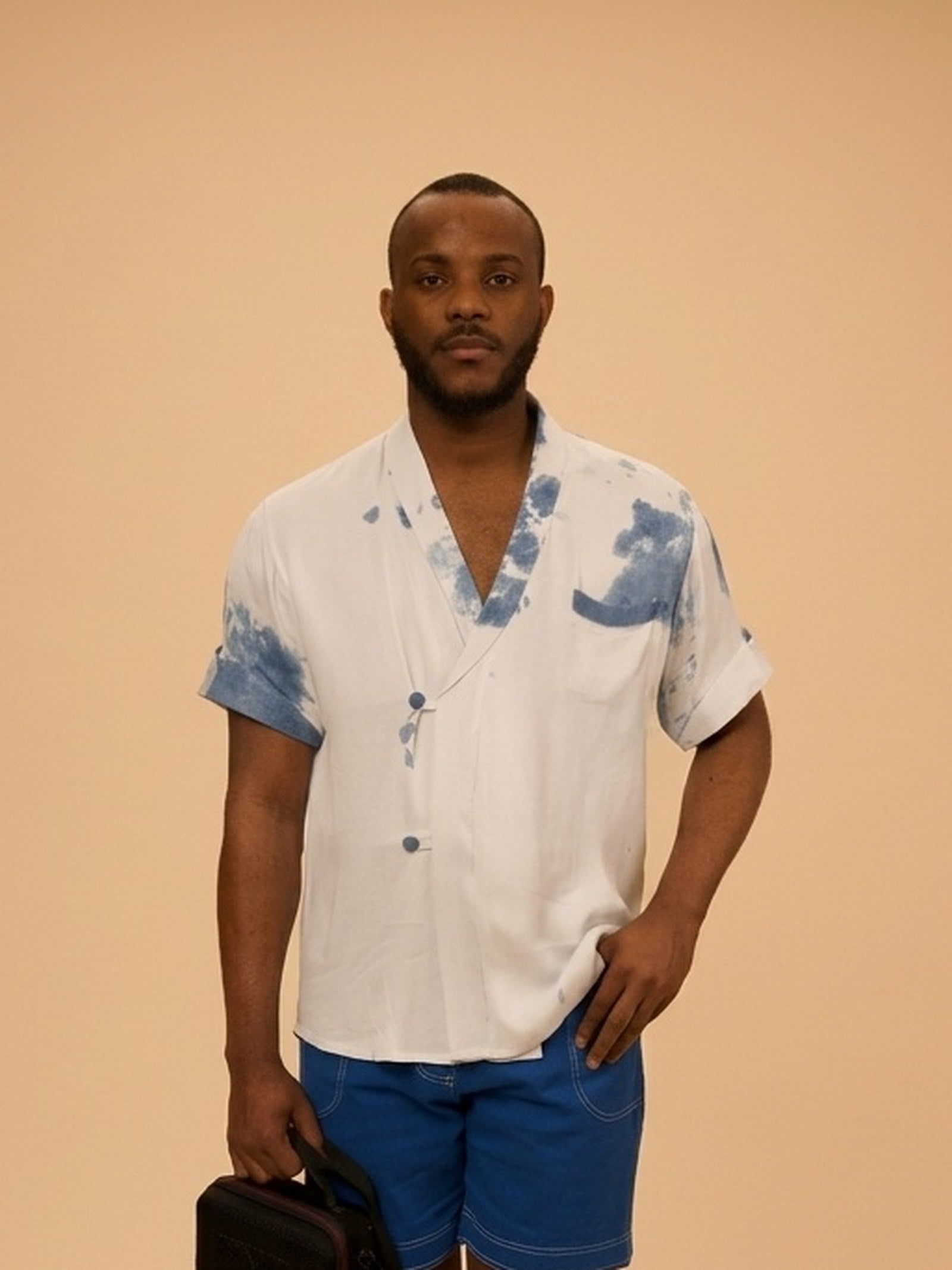 Kimono Set Shirt in orange viscose, white with an indigo tie-dye, by VALAJI MILANO.