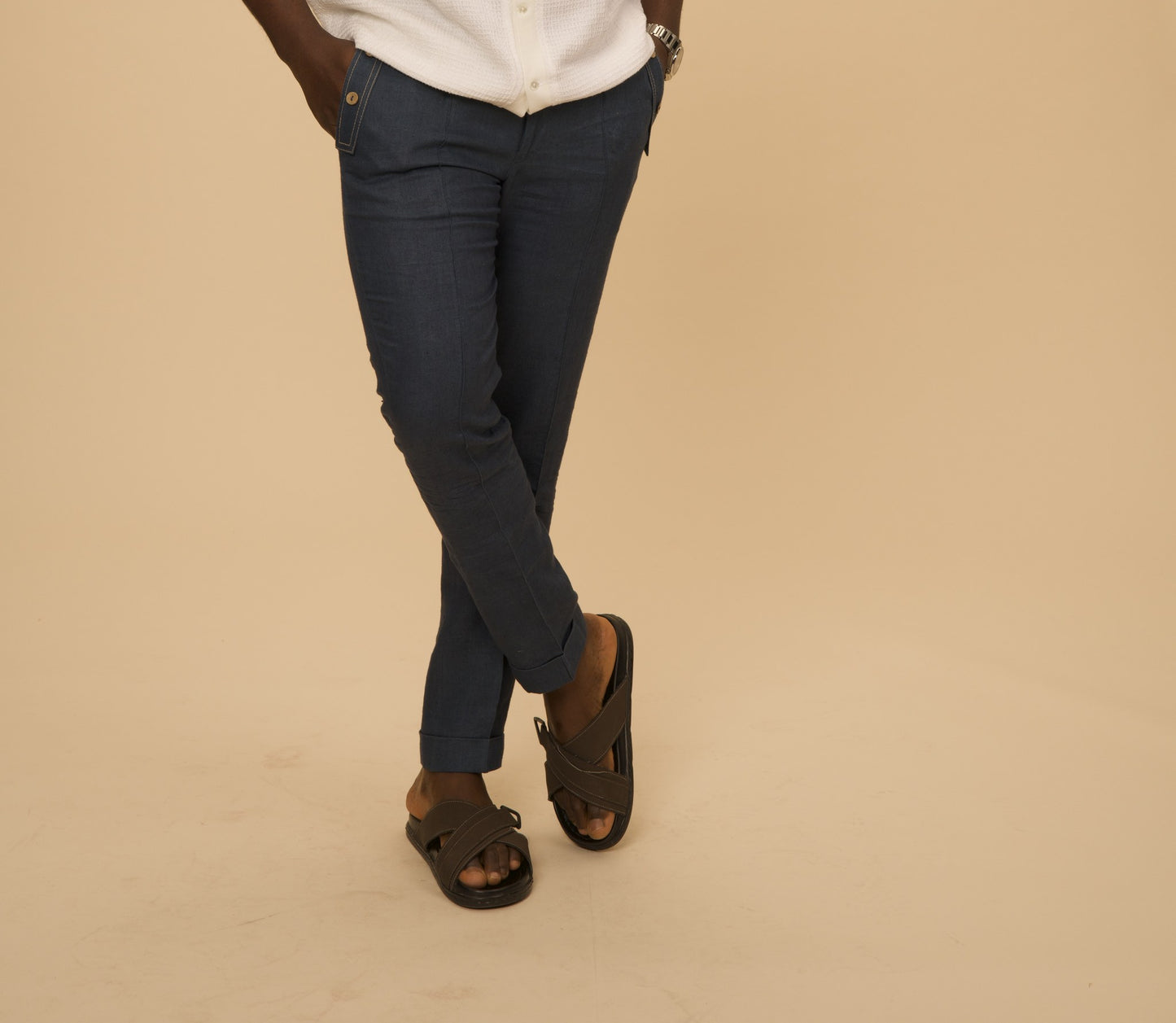 Hemp Casual Set Trousers in hemp, dark teal blue, by VALAJI MILANO.