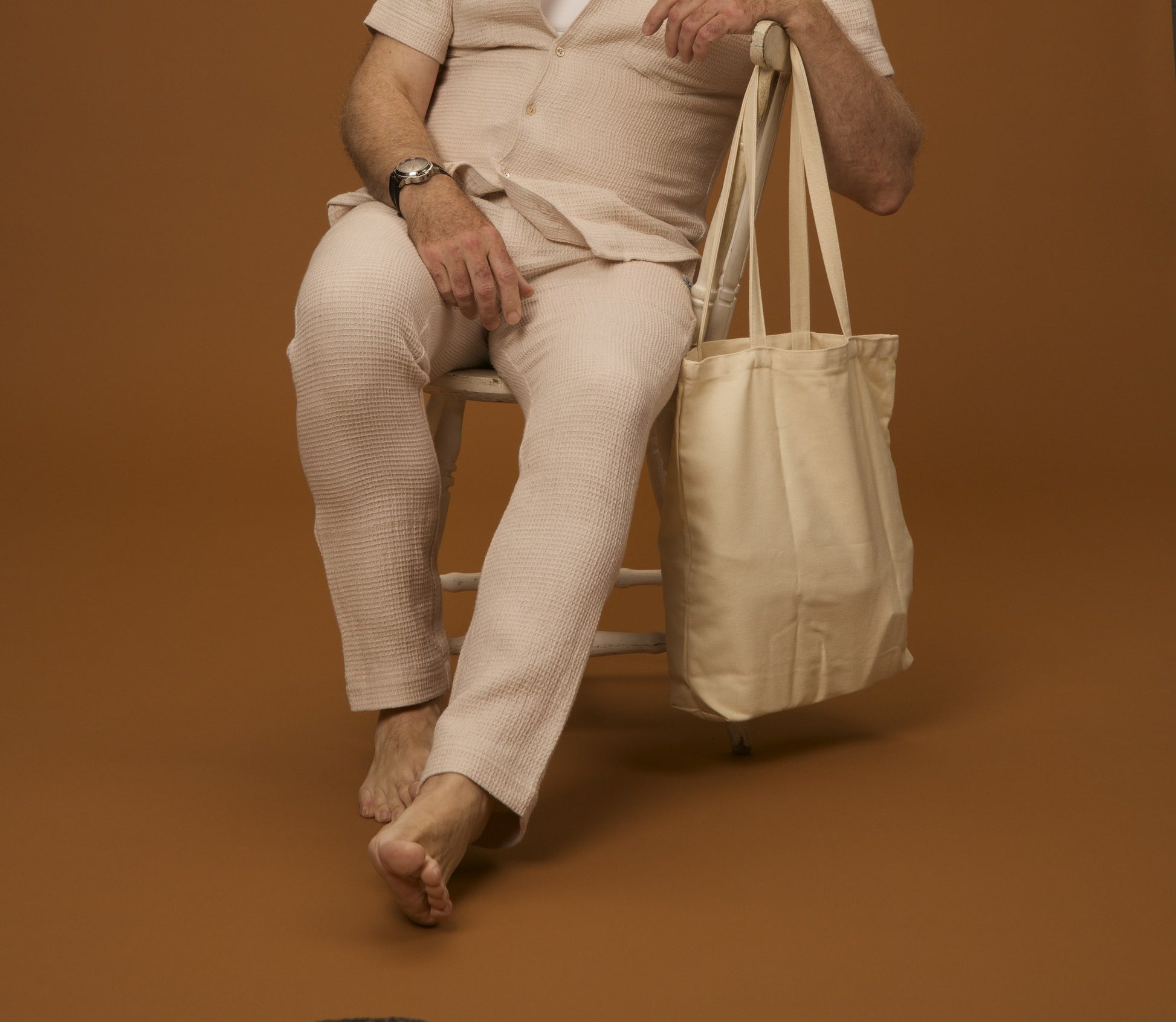 Hemp Waffle Set Bottoms in hemp-cotton waffle, pastel peach, by VALAJI MILANO.