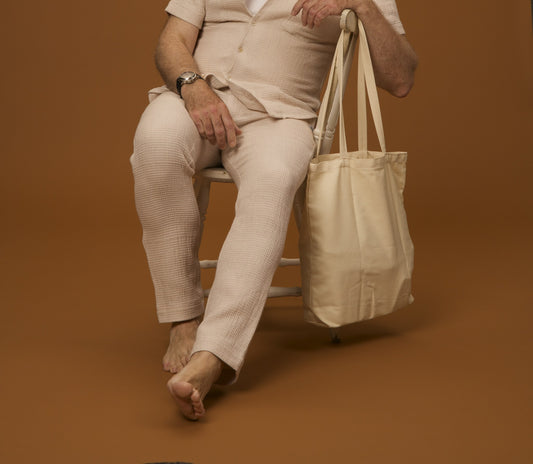 Hemp Waffle Set Bottoms in hemp-cotton waffle, pastel peach, by VALAJI MILANO.