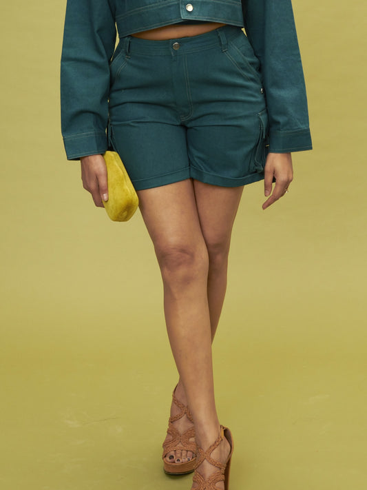 Denim Set Short in organic cotton denim, deep teal, by VALAJI MILANO.