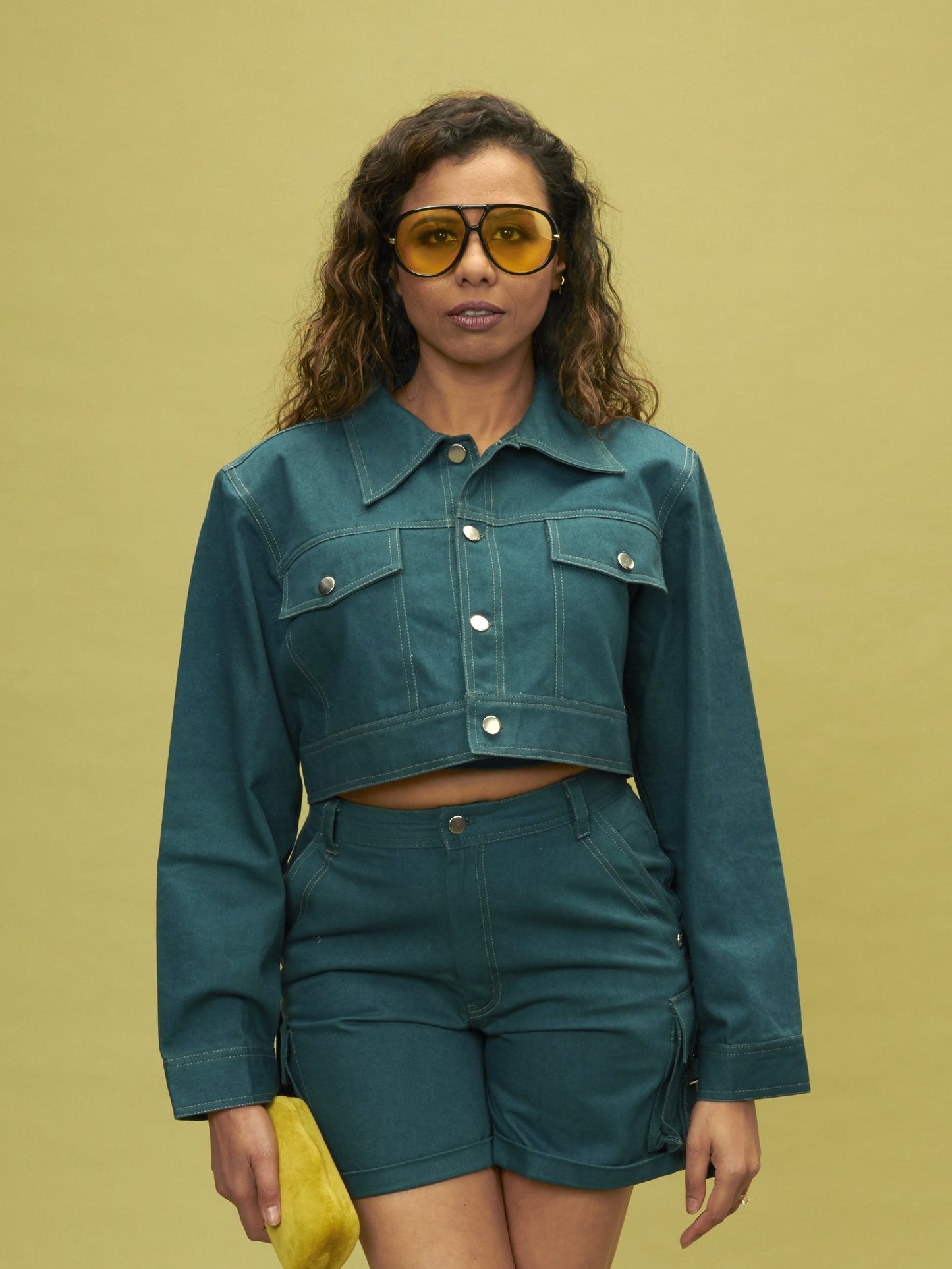 Denim Set Jacket in organic cotton denim, deep teal, by VALAJI MILANO.