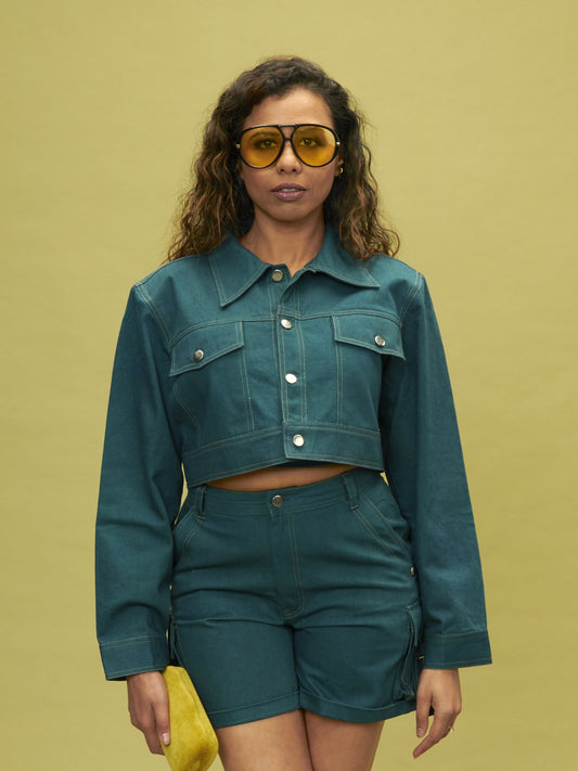 Denim Set Jacket in organic cotton denim, deep teal, by VALAJI MILANO.
