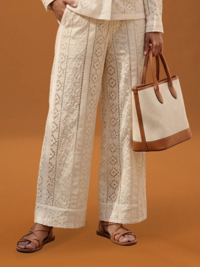 Eyelet Set Trouser in organic cotton eyelet, off-white, by VALAJI MILANO.