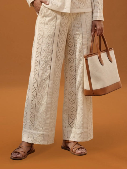 Eyelet Set Trouser in organic cotton eyelet, off-white, by VALAJI MILANO.