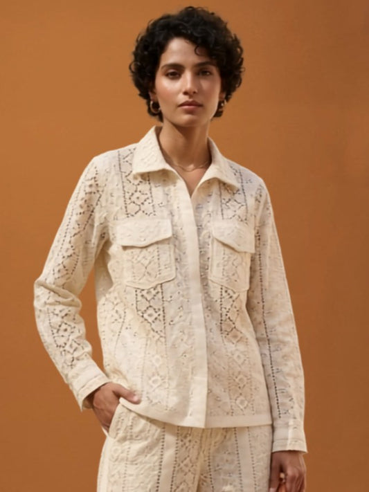Eyelet Set Shirt in organic cotton eyelet, off-white, by VALAJI MILANO.