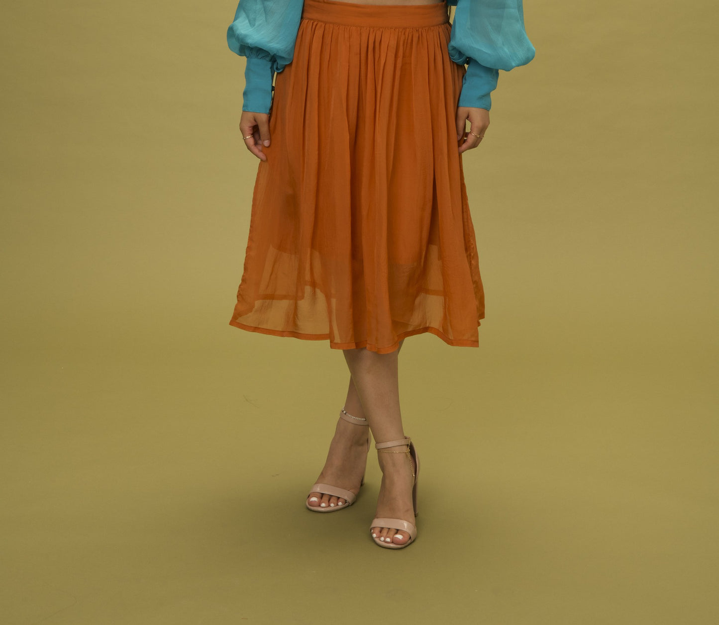 Organza Skirt, pleated sheer bamboo-cotton organza in terracotta brown, by VALAJI MILANO.