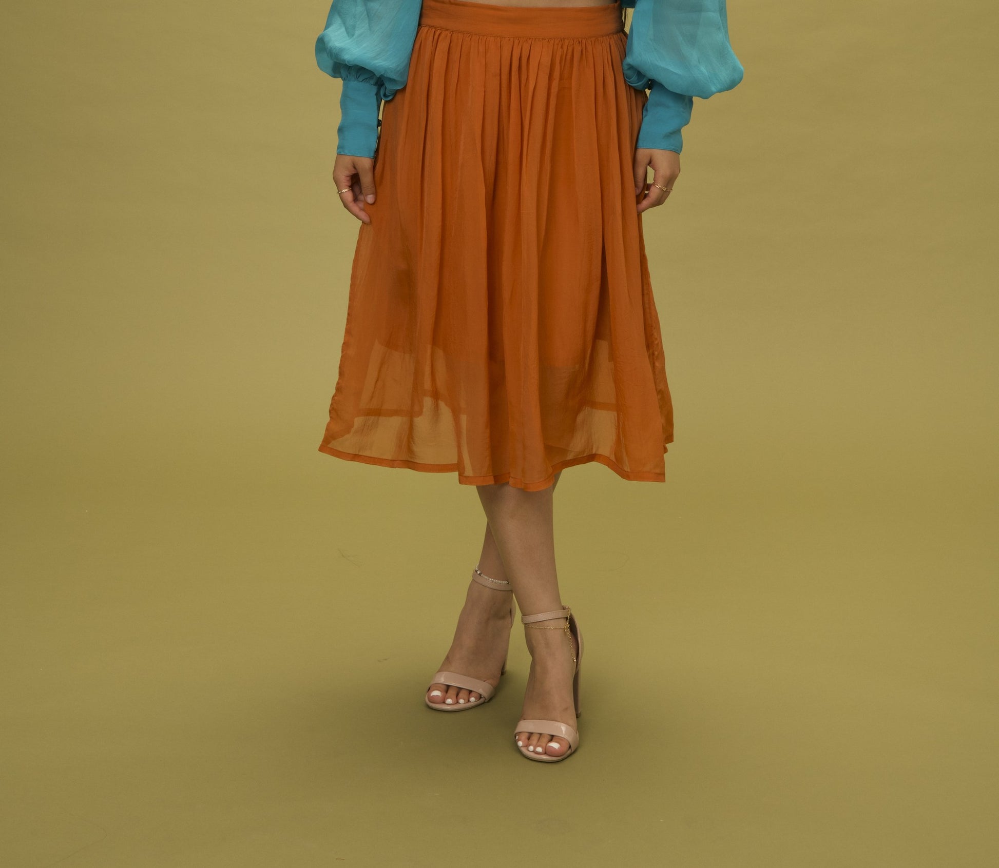 Organza Skirt, pleated sheer bamboo-cotton organza in terracotta brown, by VALAJI MILANO.