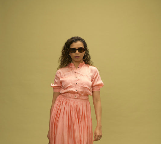 Satin Organza Top, a short-sleeve crop in regenerated bamboo-cotton satin organza, muted peach, by VALAJI MILANO.