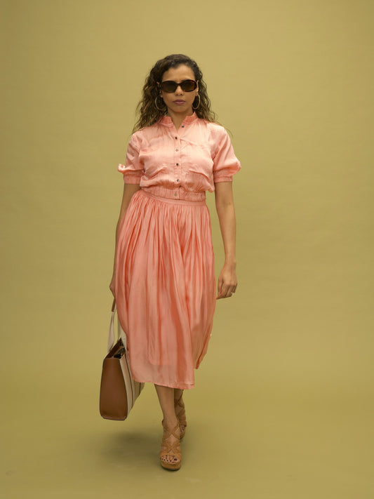Satin Organza Top by VALAJI MILANO, shown as a full outfit.