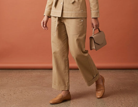 Summer Casuals Trouser in organic cotton, greige and brown, by VALAJI MILANO.
