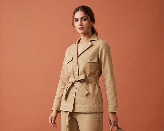 Summer Casuals Shacket in organic cotton, greige shading to brown, by VALAJI MILANO.