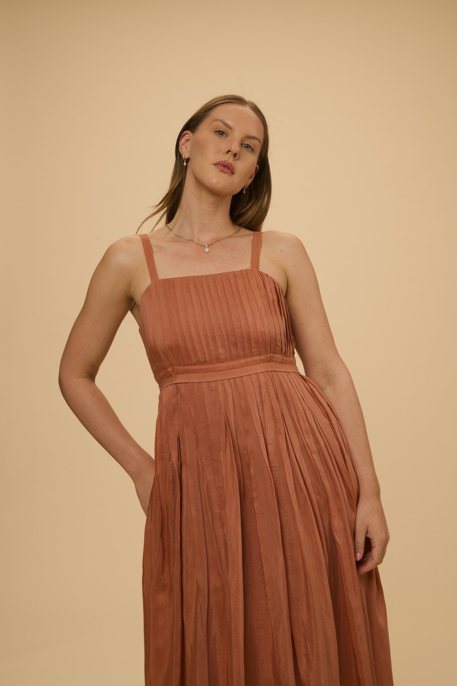 Muslin Dress in regenerated banana-bamboo-cotton muslin, dusty rose through copper, by VALAJI MILANO.