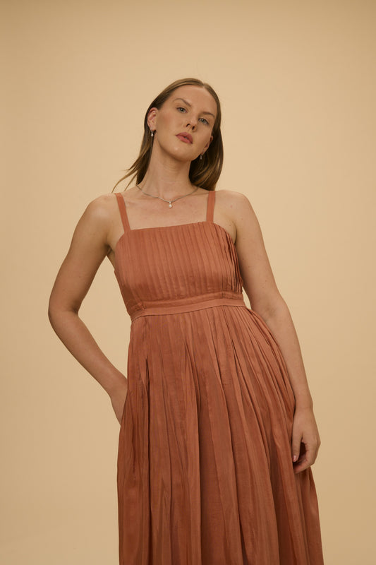 Muslin Dress in regenerated banana-bamboo-cotton muslin, dusty rose through copper, by VALAJI MILANO.