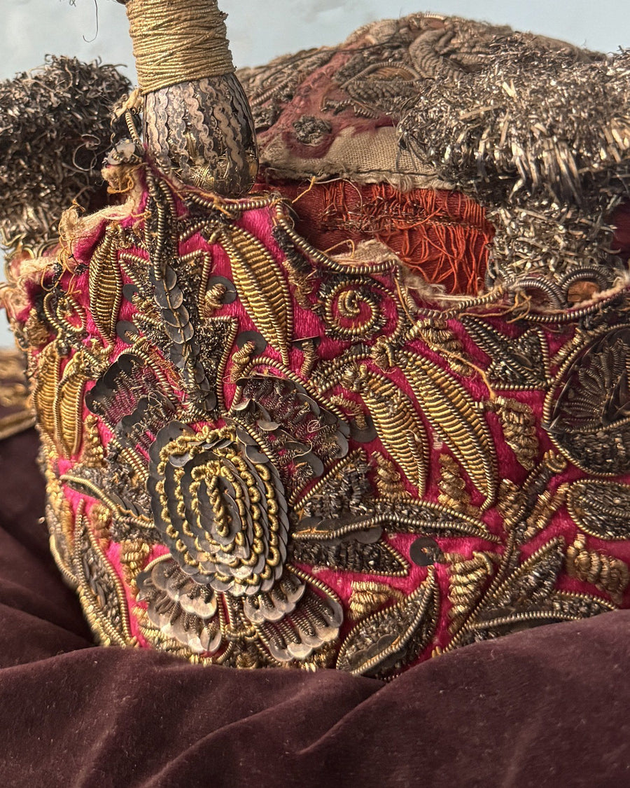 Zardozi embroidery in gold coil, purl and sequin worked on silk